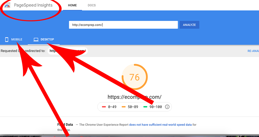 Google PageSpeed Insights report used in a technical SEO audit